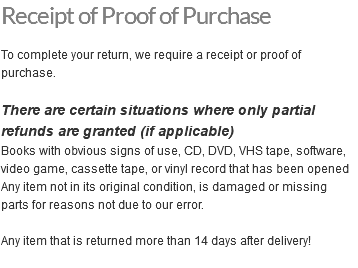 Receipt of Proof of Purchase To complete your return, we require a receipt or proof of purchase. There are certain situations where only partial refunds are granted (if applicable) Books with obvious signs of use, CD, DVD, VHS tape, software, video game, cassette tape, or vinyl record that has been opened Any item not in its original condition, is damaged or missing parts for reasons not due to our error. Any item that is returned more than 14 days after delivery! 